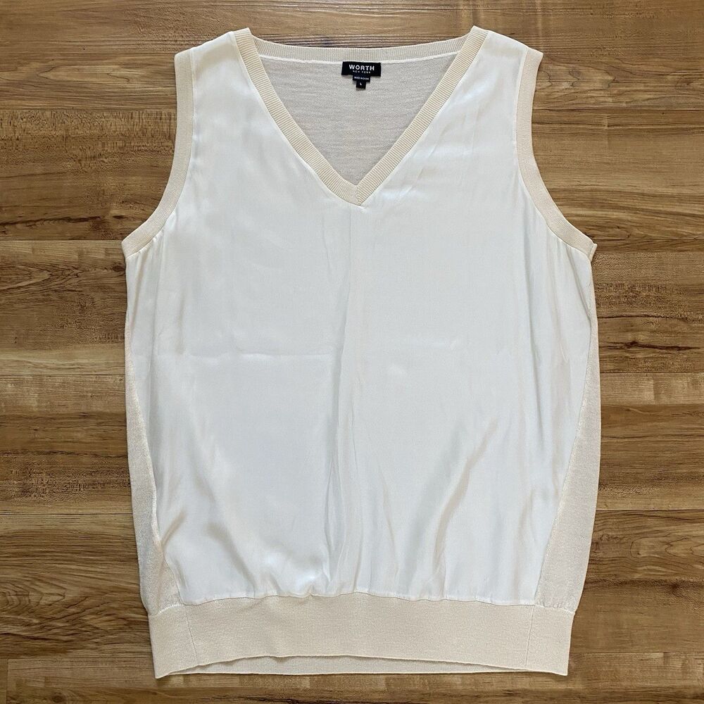 WORTH NY L Womens Cream Designer Silk Wool Sweater Vest Quiet Luxury Academia